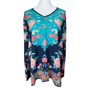 Tolani Collection Women's Tunic Sz L Colorful Long Sleeves Boho Tropical Modal